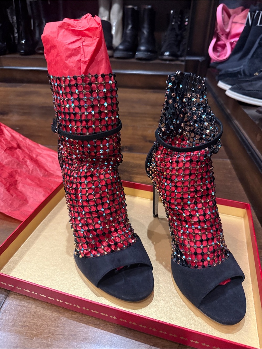 Red Crystal Mesh High Heel open toe boot with Black Suede Toe